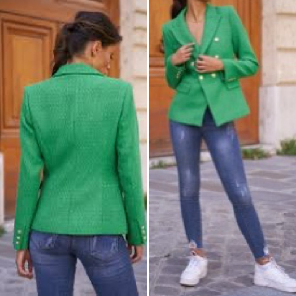 Fitted Double-breasted Blazer Jacket In Plain Tweed ATTENTIF PARIS Size 42 GREEN